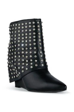 AZALEA WANG MARINA RHINESTONE STUDDED FOLD OVER WEDGE BOOTIE IN BLACK -Oofos shop azalea wang marina rhinestone studded fold over wedge bootie in black black 3 3