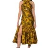 CHA CHA BROCADE HALTER NECK MIDI DRESS -Oofos shop cha cha brocade halter neck midi dress yellow multi 1 1