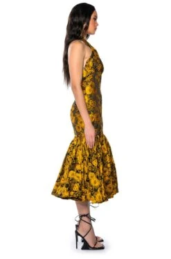 CHA CHA BROCADE HALTER NECK MIDI DRESS -Oofos shop cha cha brocade halter neck midi dress yellow multi 3 3