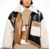 MIXED MEDIA BOXY SHERPA COAT -Oofos shop mixed media boxy jacket coat brown multi 1 1