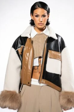 MIXED MEDIA BOXY SHERPA COAT