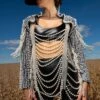 MORE LUXURY PLEASE PEARL RHINESTONE BEADED FRINGE BOLERO JACKET