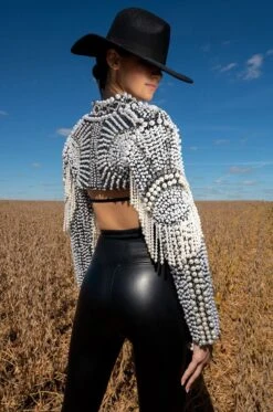 MORE LUXURY PLEASE PEARL RHINESTONE BEADED FRINGE BOLERO JACKET -Oofos shop more luxury please pearl fringe bolero jacket black multi 3 3