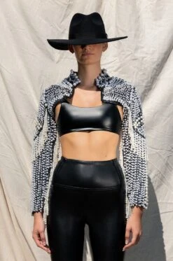 MORE LUXURY PLEASE PEARL RHINESTONE BEADED FRINGE BOLERO JACKET -Oofos shop more luxury please pearl fringe bolero jacket black multi 6 6