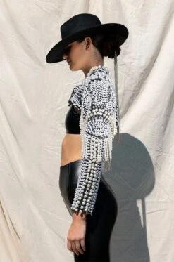 MORE LUXURY PLEASE PEARL RHINESTONE BEADED FRINGE BOLERO JACKET -Oofos shop more luxury please pearl fringe bolero jacket black multi 7 7