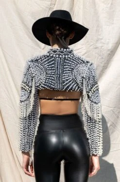 MORE LUXURY PLEASE PEARL RHINESTONE BEADED FRINGE BOLERO JACKET -Oofos shop more luxury please pearl fringe bolero jacket black multi 8 8