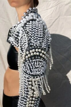 MORE LUXURY PLEASE PEARL RHINESTONE BEADED FRINGE BOLERO JACKET -Oofos shop more luxury please pearl fringe bolero jacket black multi 9 9