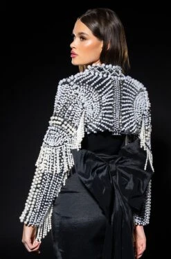 MORE LUXURY PLEASE PEARL RHINESTONE BEADED FRINGE BOLERO JACKET -Oofos shop more luxury please pearl rhinestone beaded fringe bolero jacket black multi 2 2 c1 c1