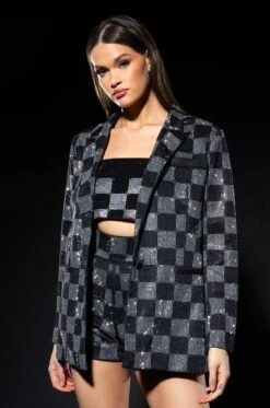 POP STAR CHECKERED RHINESTONE BLAZER -Oofos shop pop star checkered rhinestone blazer black white 1 1 c1