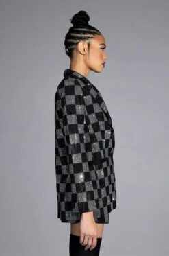 POP STAR CHECKERED RHINESTONE BLAZER -Oofos shop pop star checkered rhinestone blazer black white 5 5
