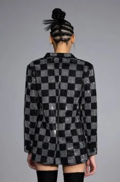 POP STAR CHECKERED RHINESTONE BLAZER -Oofos shop pop star checkered rhinestone blazer black white 6 6