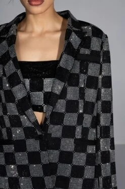 POP STAR CHECKERED RHINESTONE BLAZER -Oofos shop pop star checkered rhinestone blazer black white 7 7
