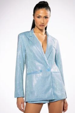 POP STAR SHINE BRIGHT RHINESTONE BLAZER IN LIGHT BLUE
