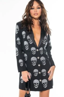 SERVING LOOKS IN THIS FASHION BLAZER DRESS WITH RHINESTONE SKULLS