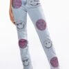 SMILEY FACES RHINESTONE HIGH RISE STRAIGHT LEG JEANS