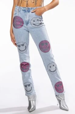 SMILEY FACES RHINESTONE HIGH RISE STRAIGHT LEG JEANS