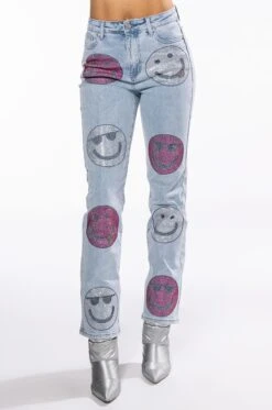 SMILEY FACES RHINESTONE HIGH RISE STRAIGHT LEG JEANS -Oofos shop smiley faces rhinestone high rise straight leg jeans light blue denim 5 5