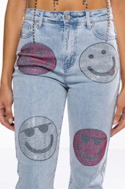 SMILEY FACES RHINESTONE HIGH RISE STRAIGHT LEG JEANS -Oofos shop smiley faces rhinestone high rise straight leg jeans light blue denim 8 8