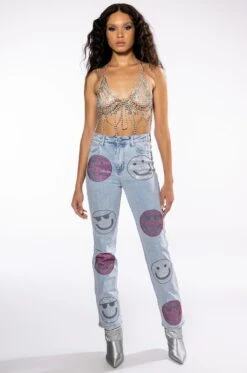 SMILEY FACES RHINESTONE HIGH RISE STRAIGHT LEG JEANS -Oofos shop smiley faces rhinestone high rise straight leg jeans light blue denim 9 9