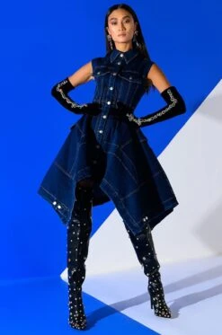 WINONA CAP SLEEVE BUTTON DOWN DENIM MIDI DRESS