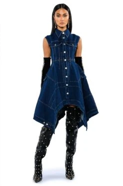 WINONA CAP SLEEVE BUTTON DOWN DENIM MIDI DRESS -Oofos shop winona cap sleeve button down denim midi dress dark blue 3 3